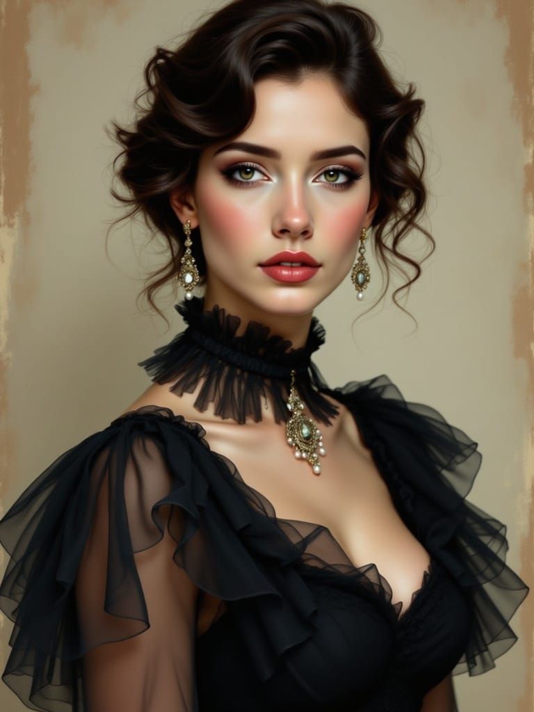 Elegant Victorian Woman in Dark Tulle, Adorned with Pearls