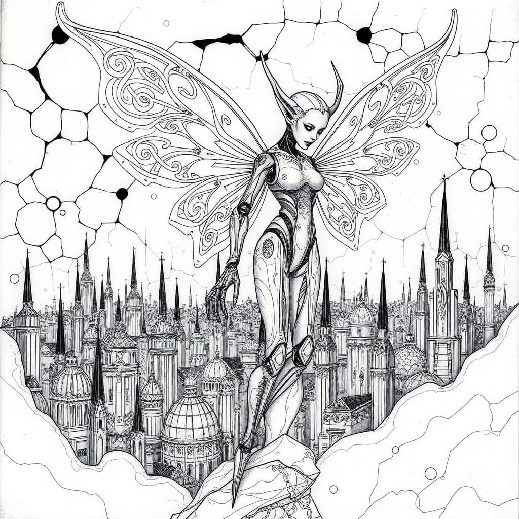 Robotic Fairy Elf in Dystopian Cityscape