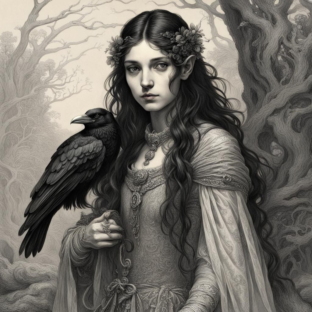 Ethereal Elf Portrait with Raven, Engraving Style