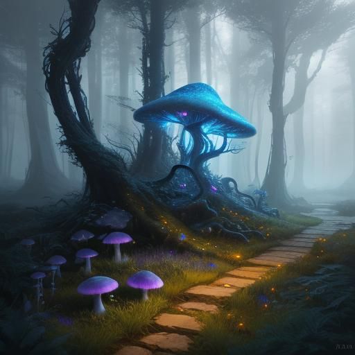 Mystical Sorceress in a Bioluminescent Forest