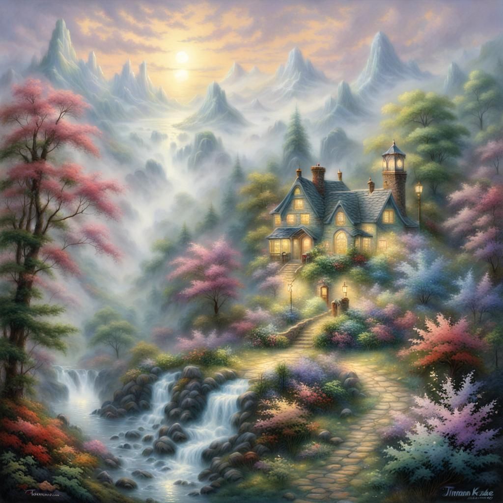 Ethereal Fantasy Scene in Thomas Kinkade Style