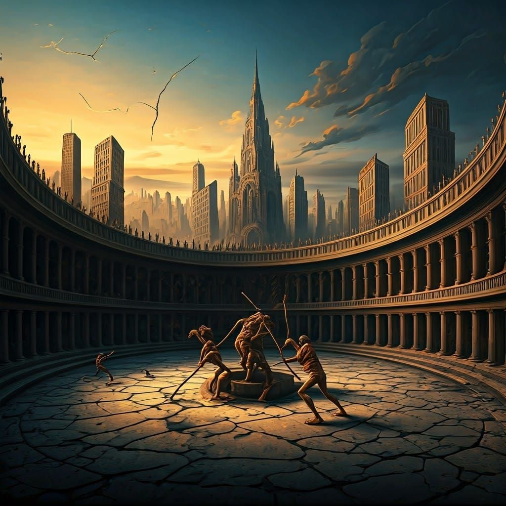 City Destroyed in Arena: Surreal Melting Oil Painting