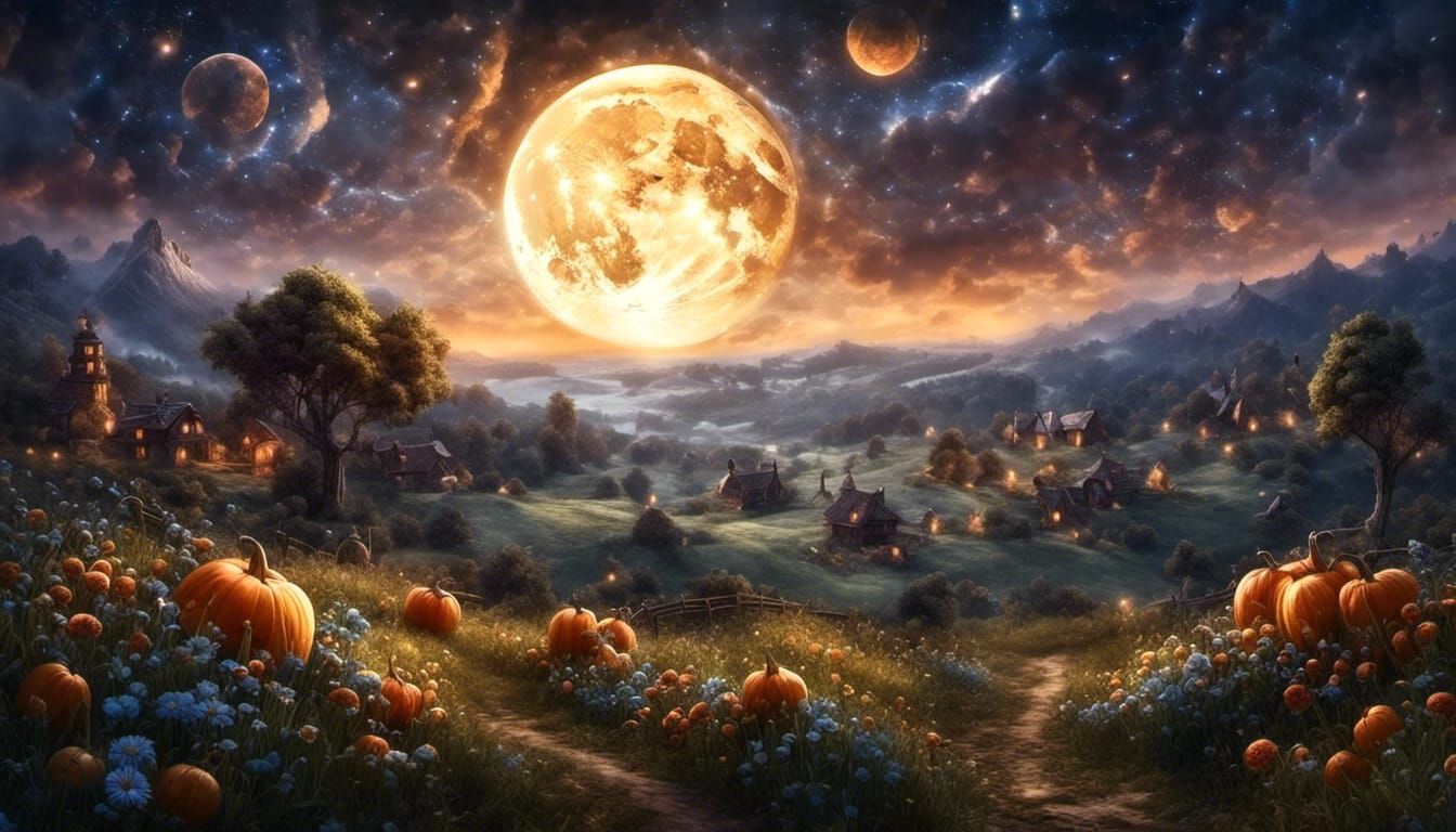 Harvest Moon Surrounded by Twinkling Stars: Digital Art