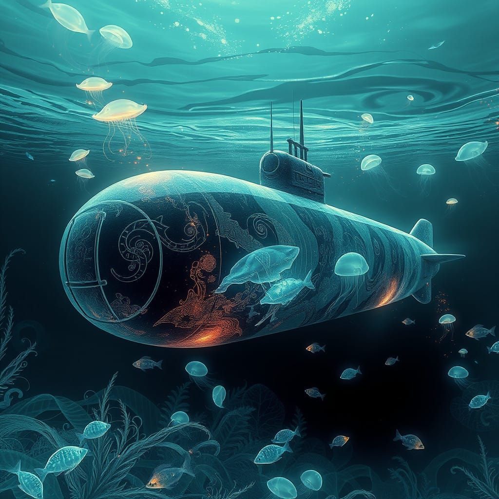 Surreal Underwater Realm with Bioluminescent Submarine