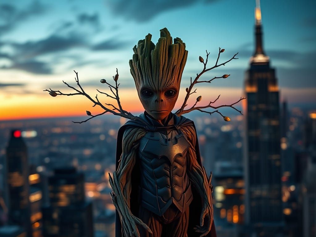 Groot as Dark Knight in Gotham City Skyscraper