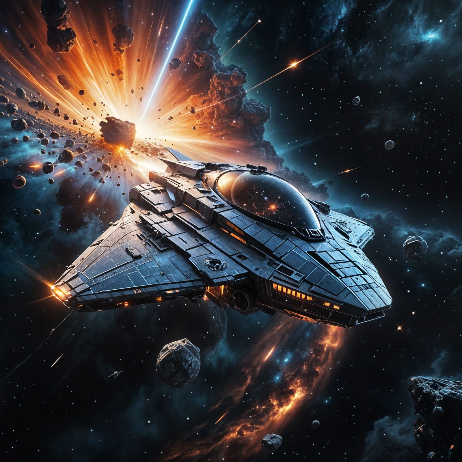 Sleek Saucer Rocket Ship Gliding Through Nebula