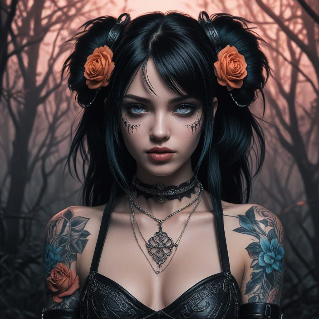 Gothic Punk Anime Girl in Dark Fantasy Forest