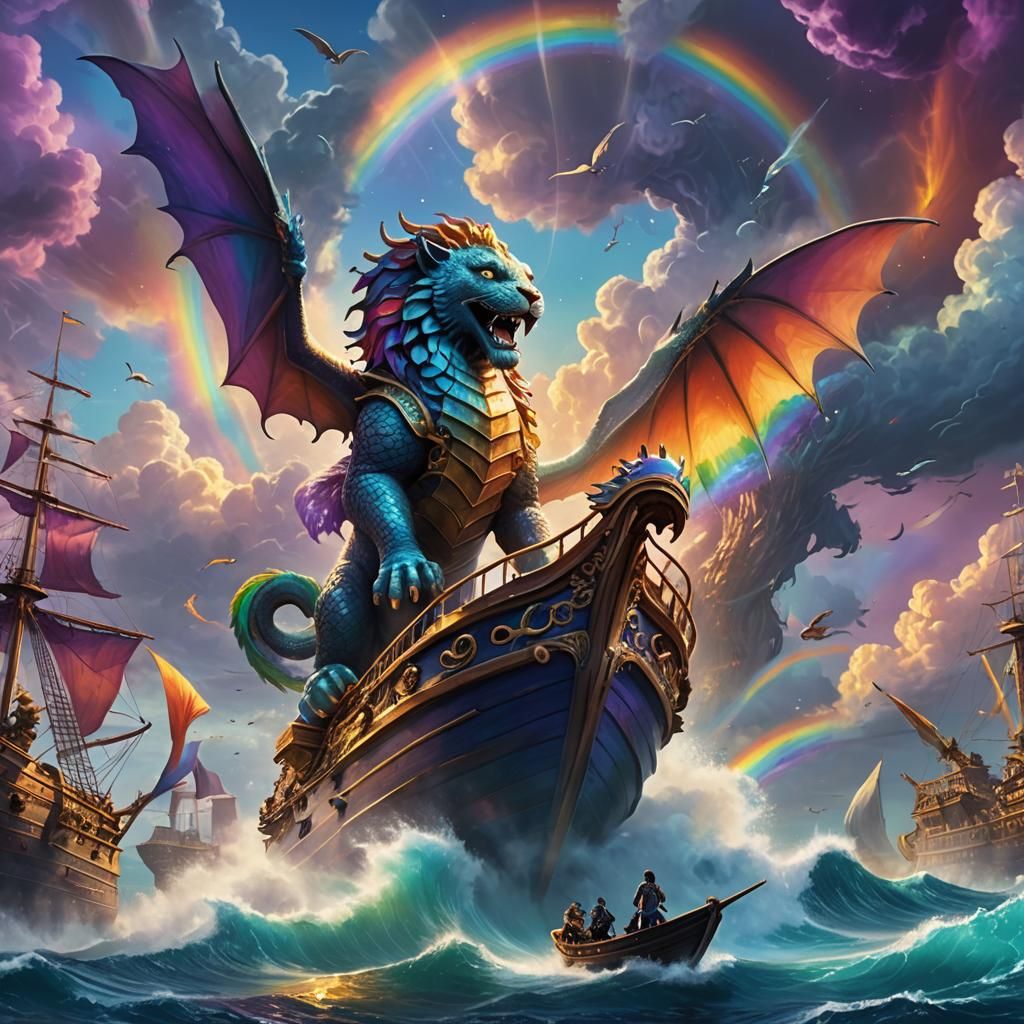Merlion on Rainbow Ship Meets Ocean Dragon