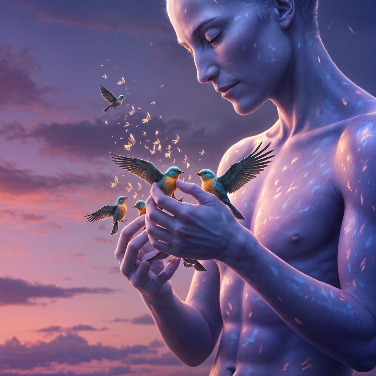 Giant Rescues Birds Under Twilight Sky