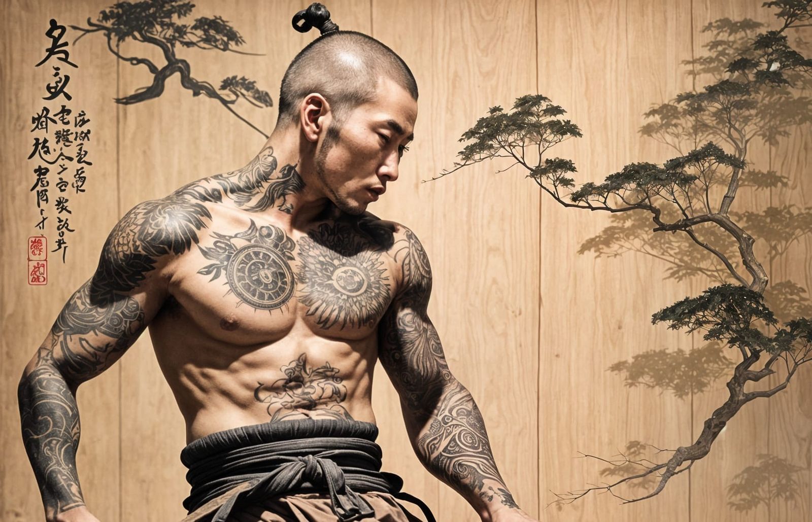 Tattooed Warrior Monk Punches Makiwara with Intense Focus