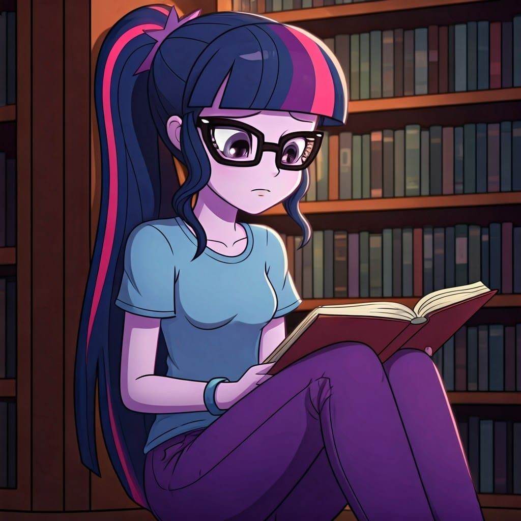 Shy Girl Reading by Bookshelf with Violet Accents