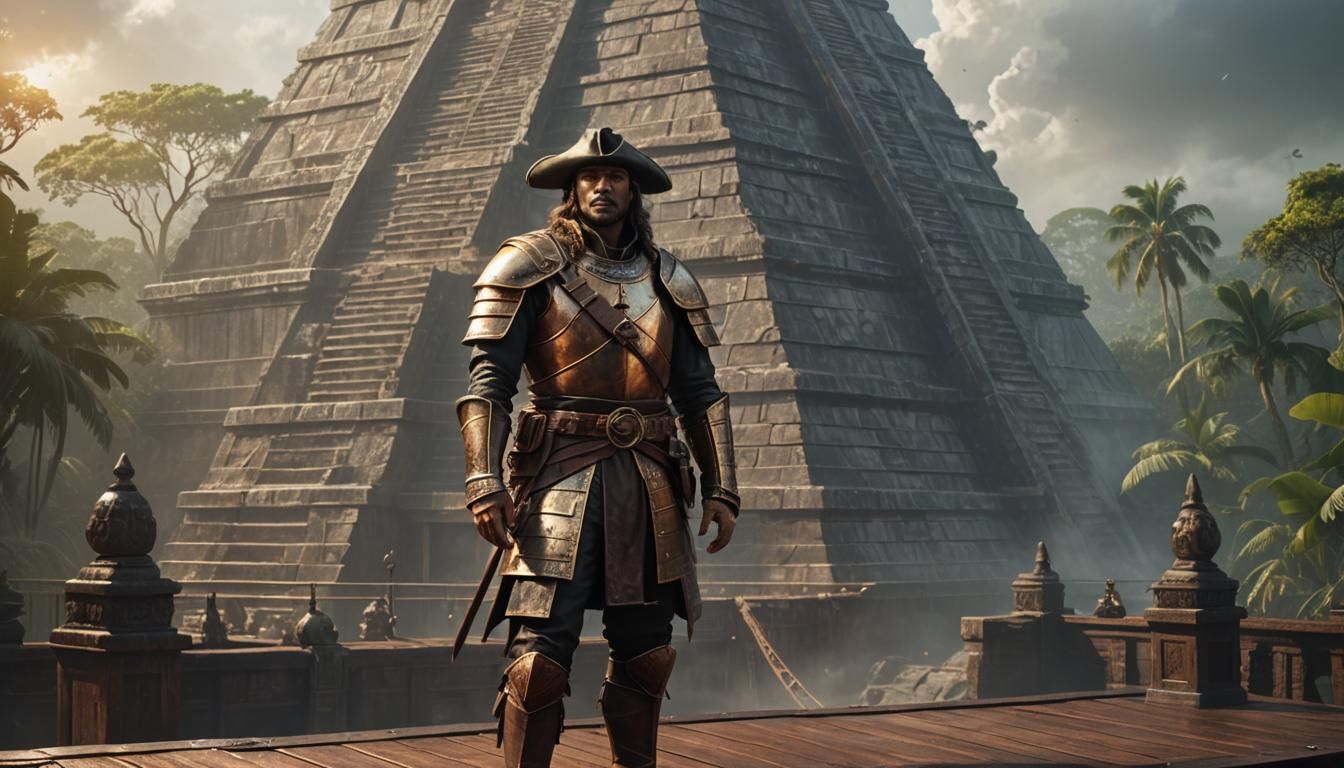 Conquistador Gazing at Maya Pyramid in Steampunk Style