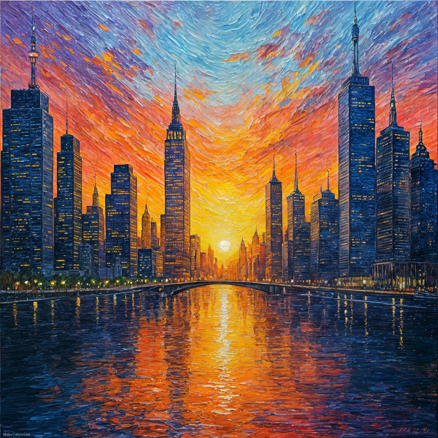 Vibrant Manhattan Sunset in Neo-Expressionist Oil Painting