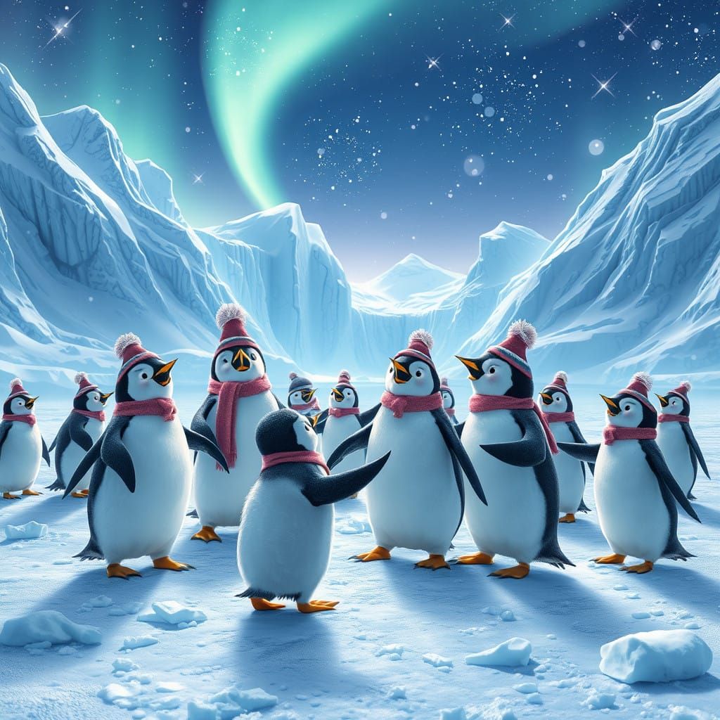Whimsical Penguins Dazzle on Glaciers in Futuristic Winter W...