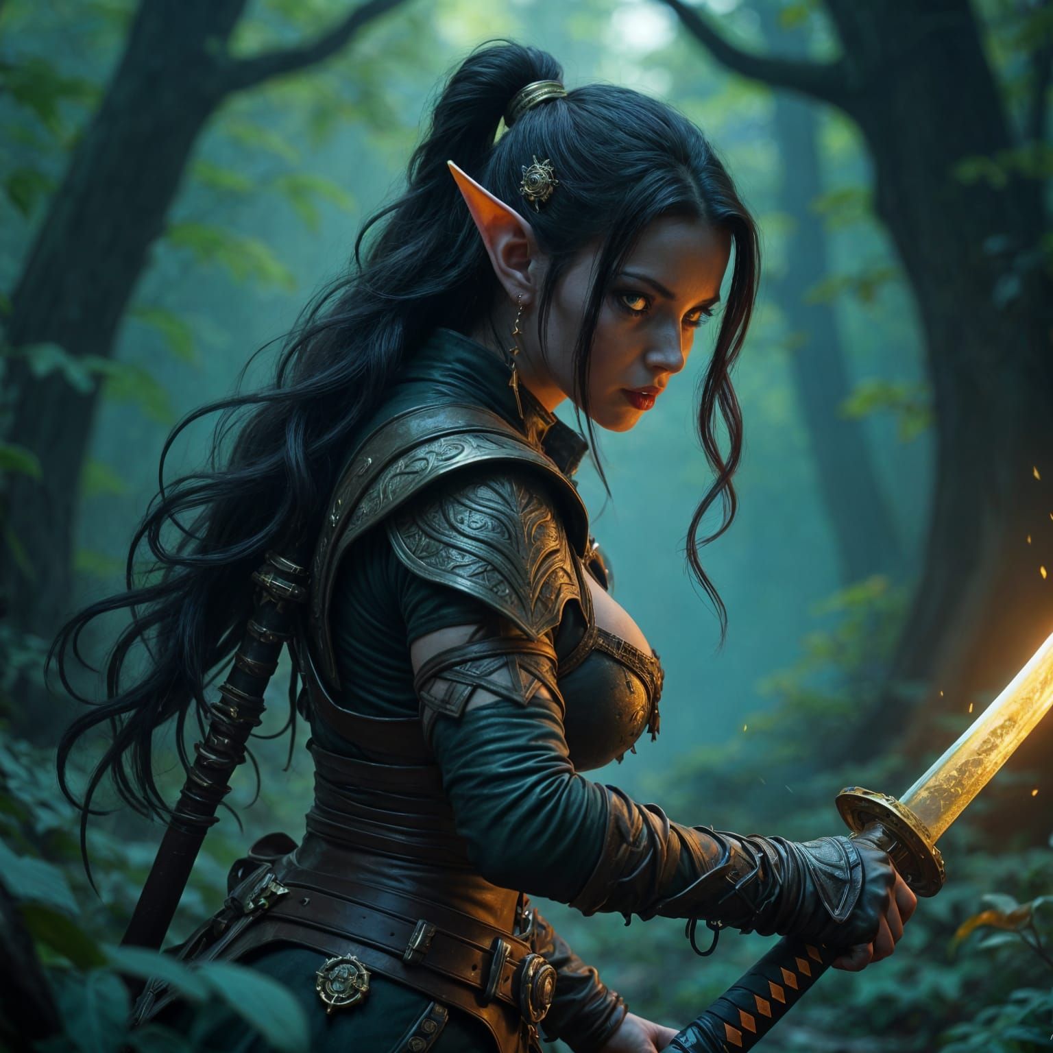 Elf Warrior Princess Tracking in Dark Forest