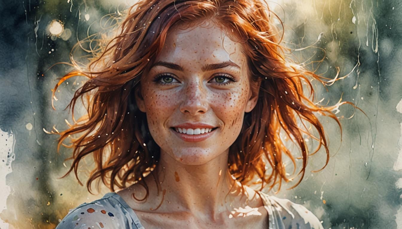 Auburn Haired Woman with Freckles: Watercolor Illustration