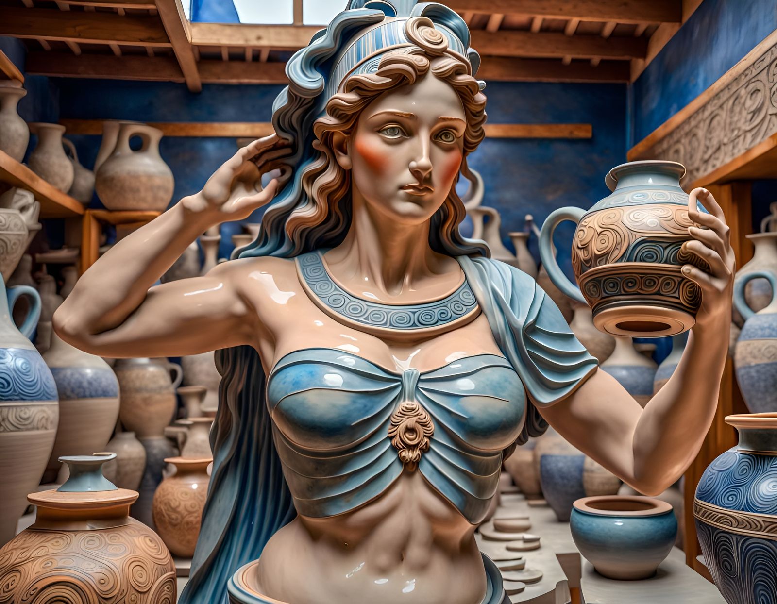 A statue of a ceramic Greek Goddess holding a jar.
