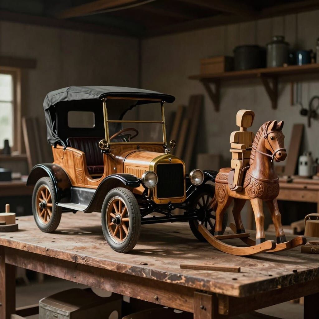 Wooden Model T Ford and Rocking Horse in Detailed Wood Shop