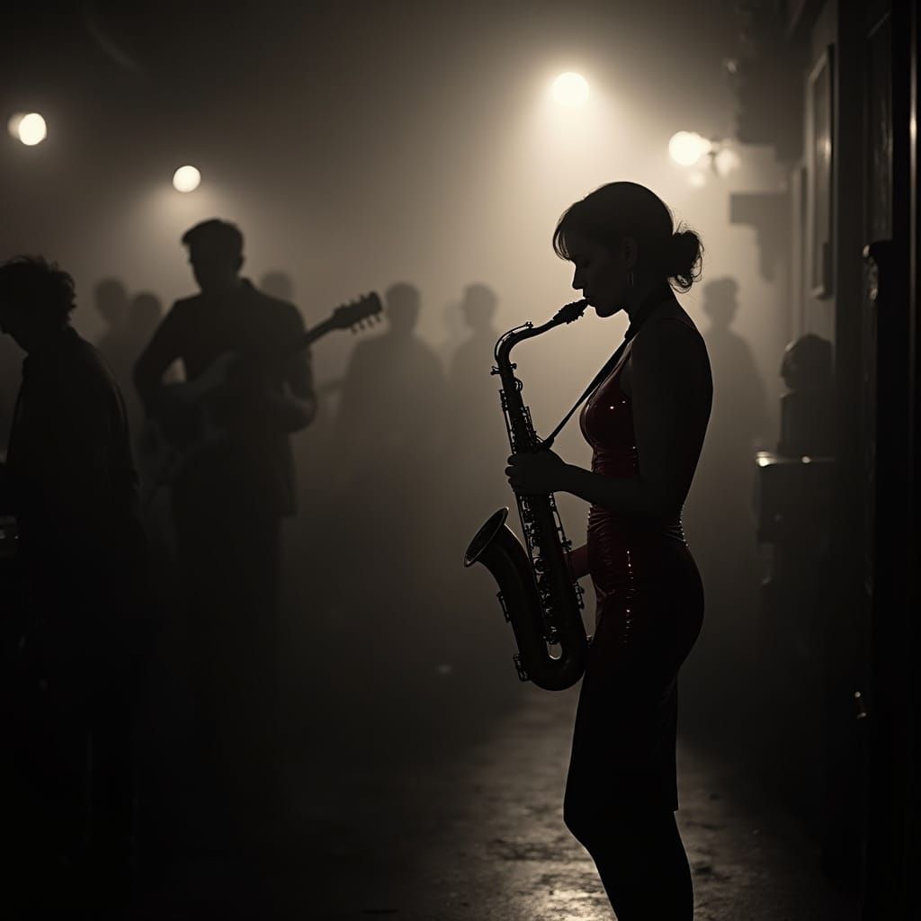 Saxophonist in Smoky Jazz Club, Inspired by Classic Film Noi...