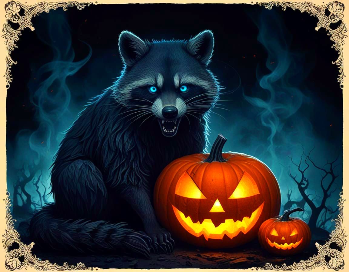 Majestic Raccoon Entity in Macabre Halloween Nightmare