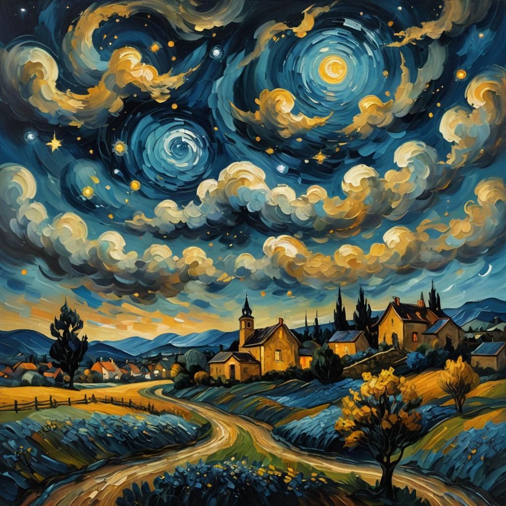 Surreal Landscape with Swirling Clouds as Impasto Painting