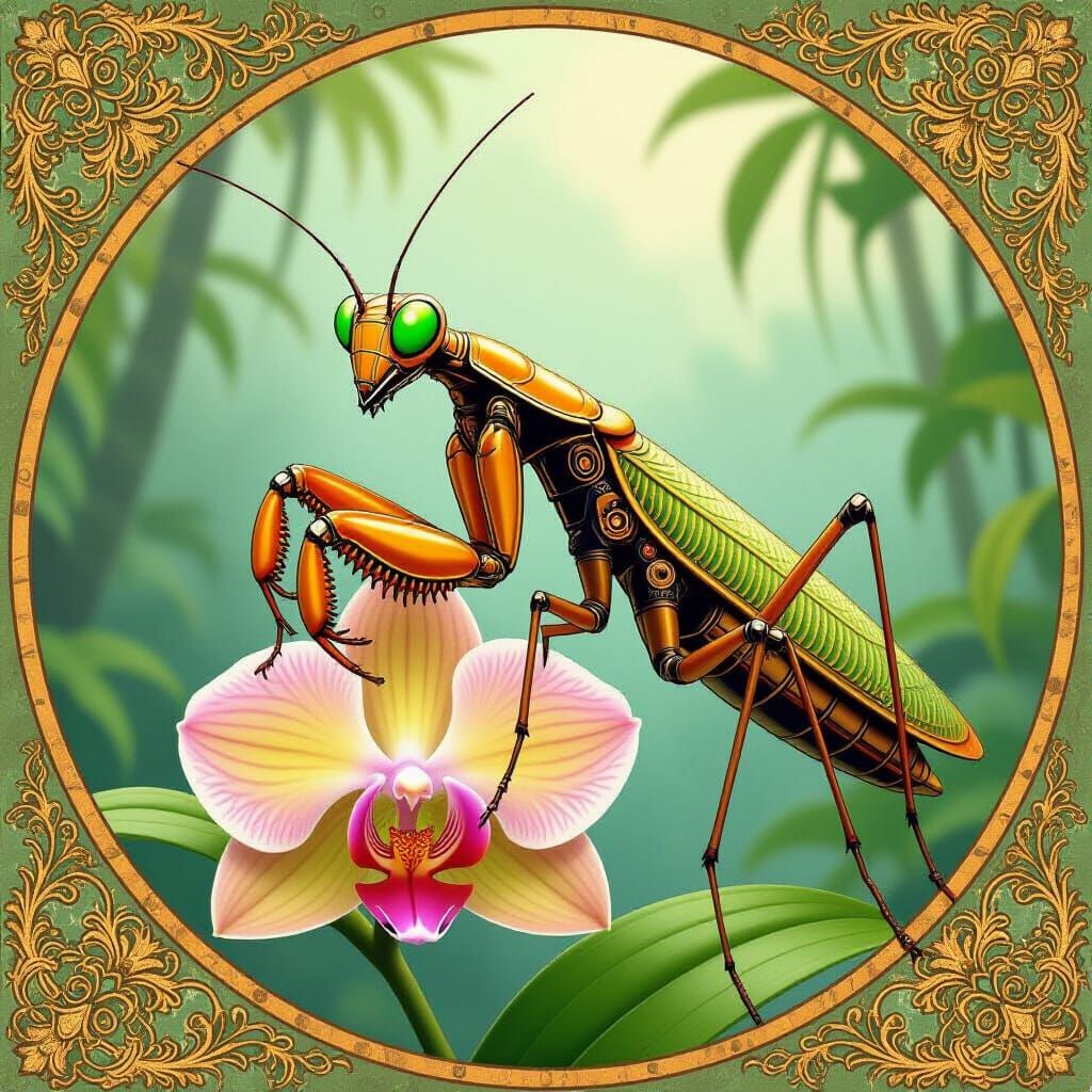 Clockwork Mantis in Art Nouveau Steampunk Style