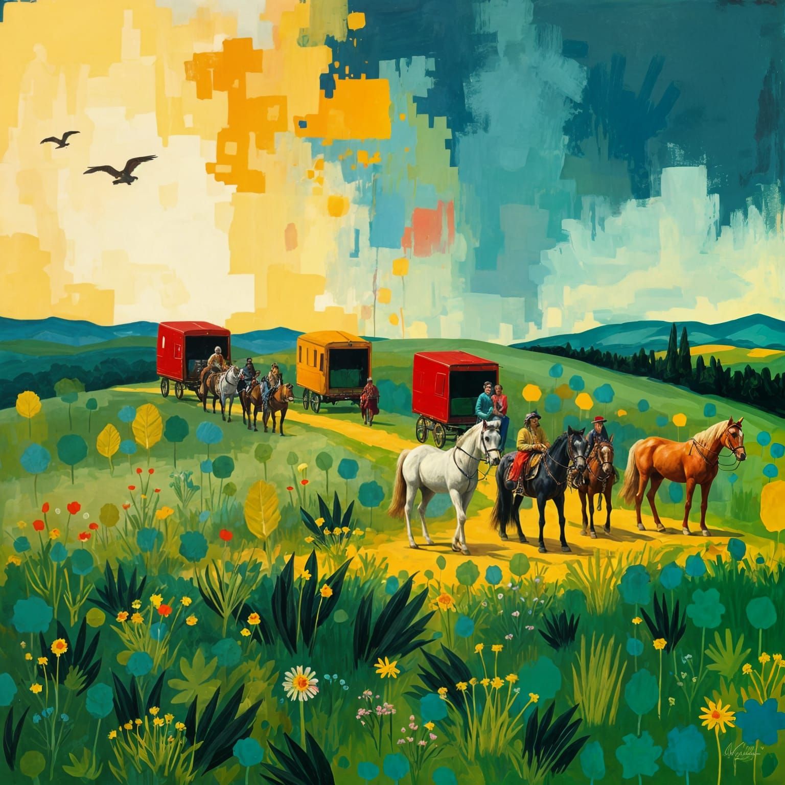 Romani Encampment: Abstract Art with Caravans and Horses