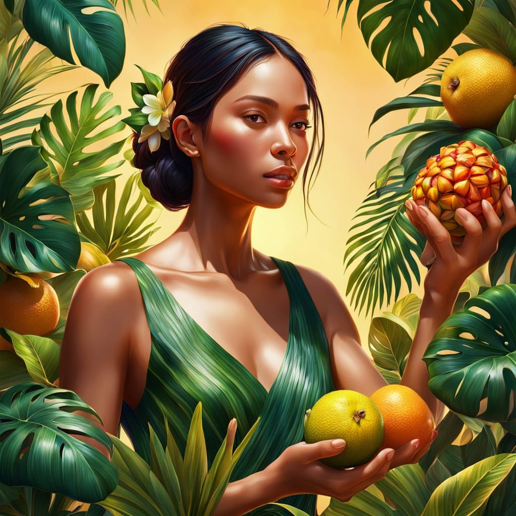 Woman with Tropical Fruit in Digital Art Style