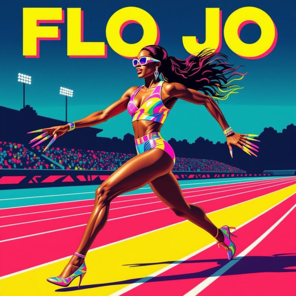 Flo Jo Running in 1980s Neon Poster Art Style