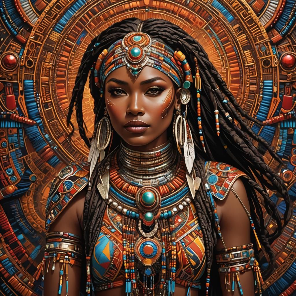 Vibrant Woman in Native Clothing and Futuristic Jewelry