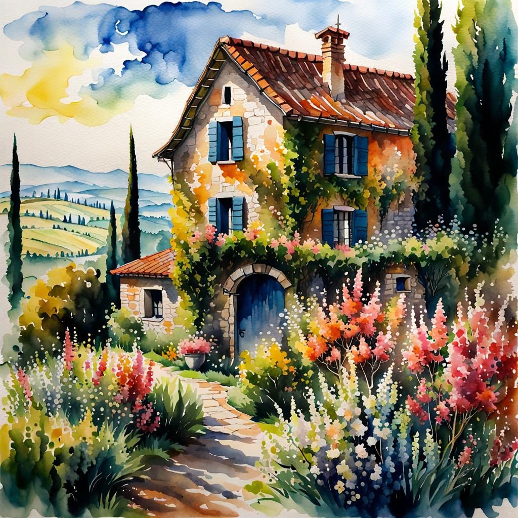 Italian Cottage in Watercolor and Ink Impressionism