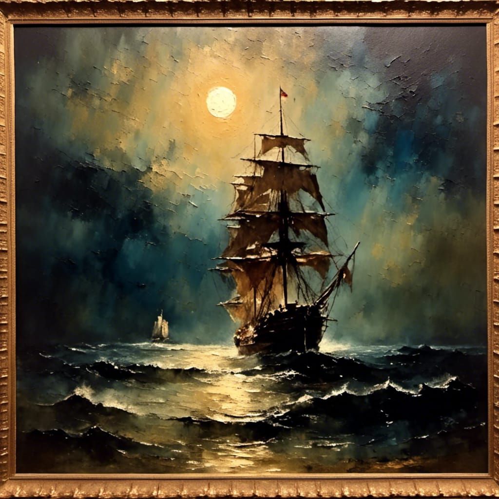 Moonlit Ship in Impasto Oil Painting
