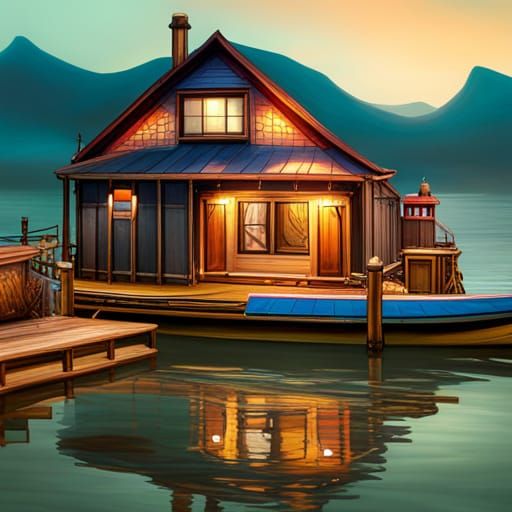Colorful Hyperrealistic Houseboat Acrylic Painting
