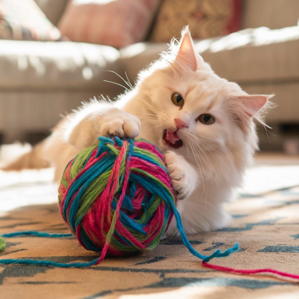Fluffy White Cat Plays with Colorful Yarn Ball