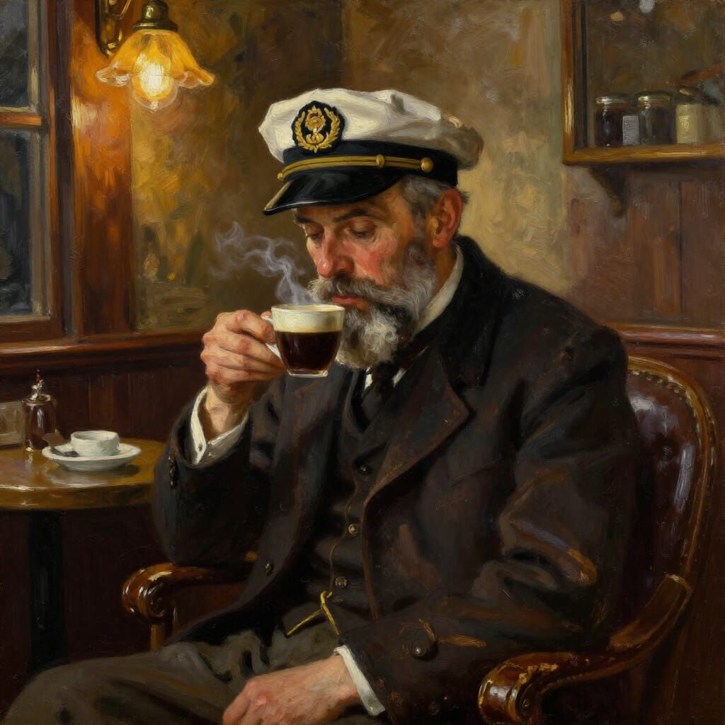 Man in Captain's Hat Enjoys Coffee in Antique Cafe Painting