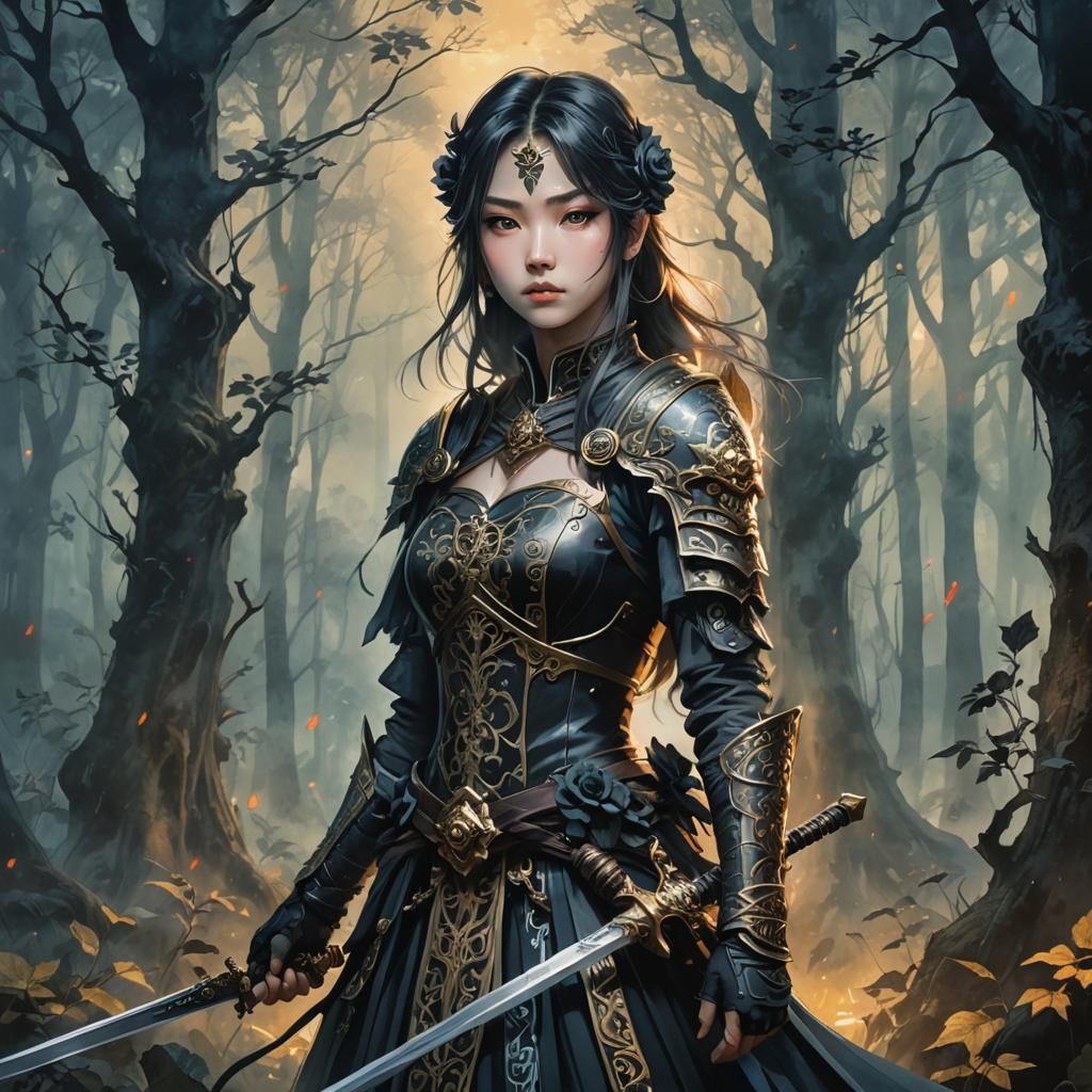 Medieval Maiden with Black Rose Sword in Anime Art