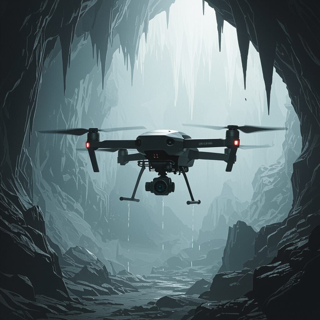 Blindfolded Drone Navigates Foggy Cavern Concept Art