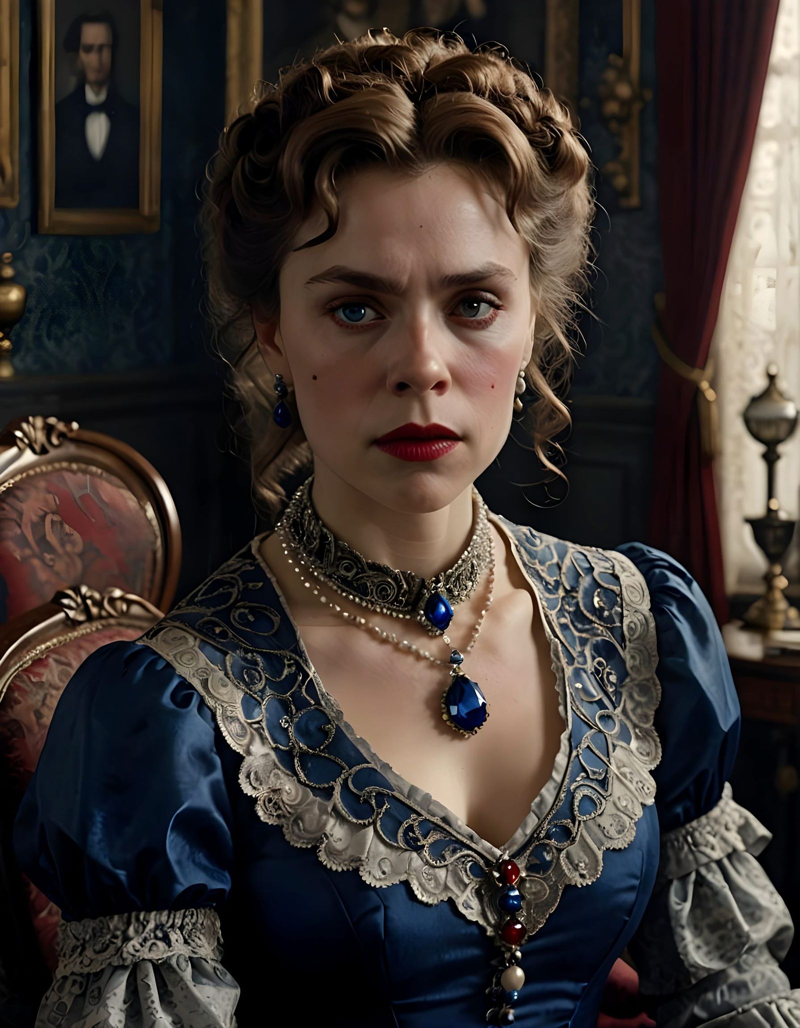 Victorian Lady with Sapphire Blue Silk Dress