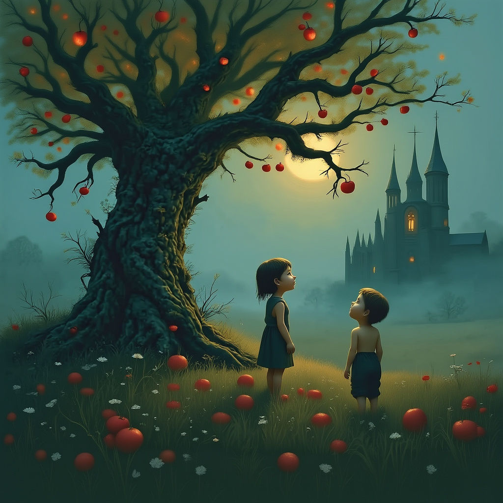 Glowing Apple Tree in Dark Fairytale Scene