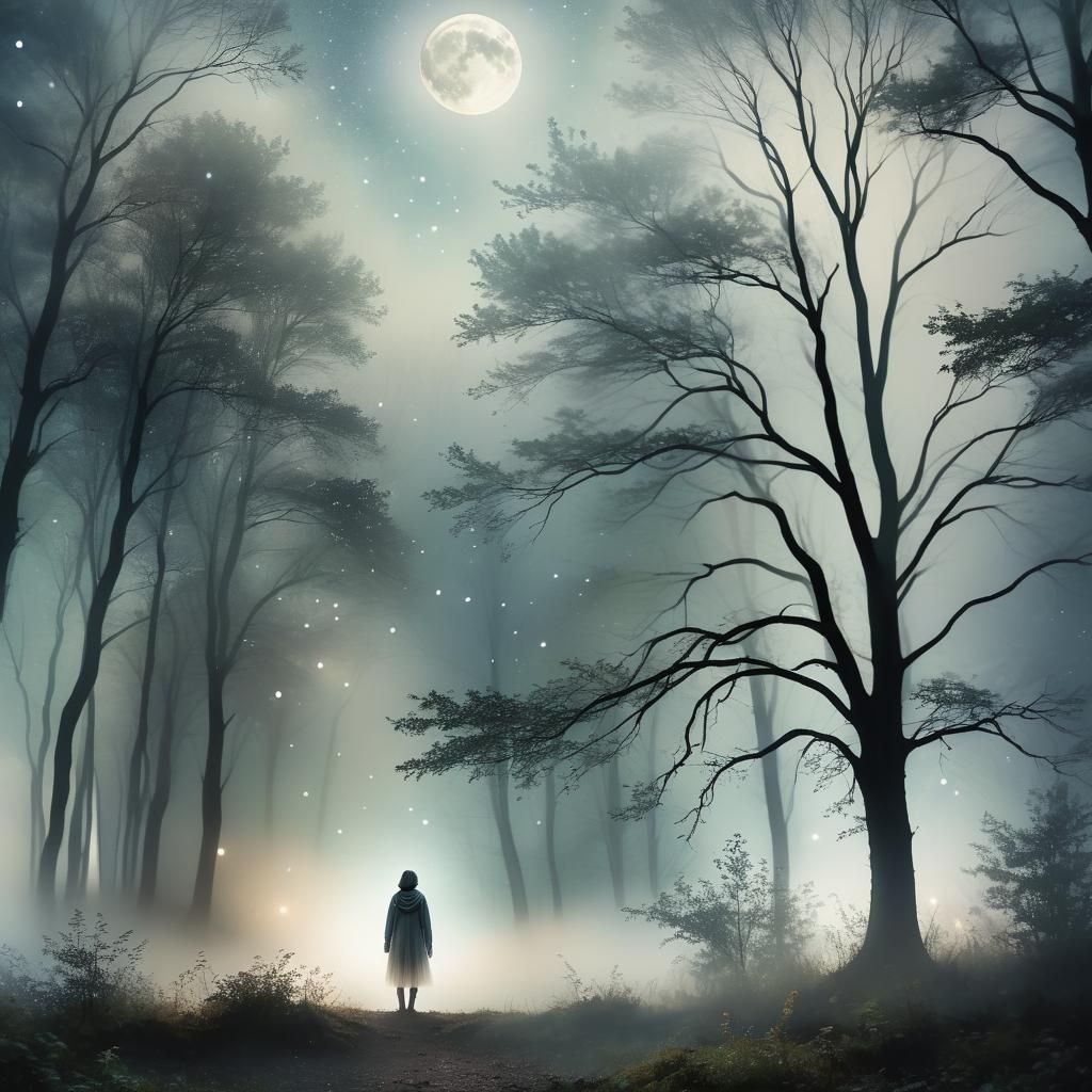 Ethereal Figure Gazing at Stars in Misty Forest