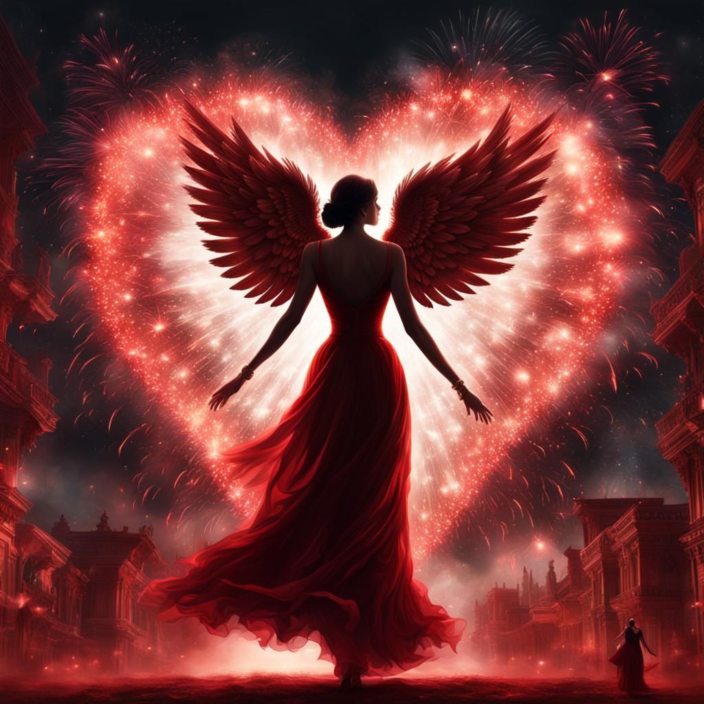 Woman Dancing in Fireworks with Angel Wings
