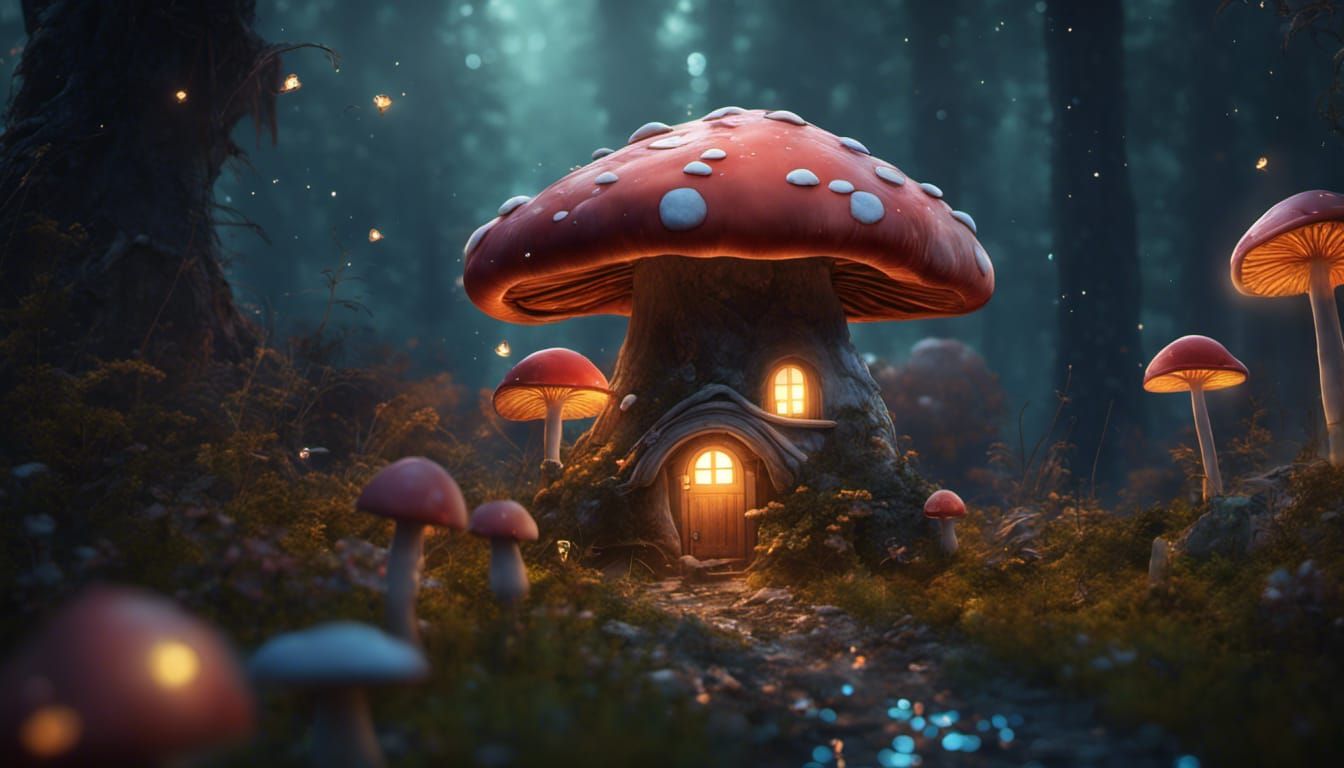 Enchanted Mushroom House with Pug, Fantasy Concept Art