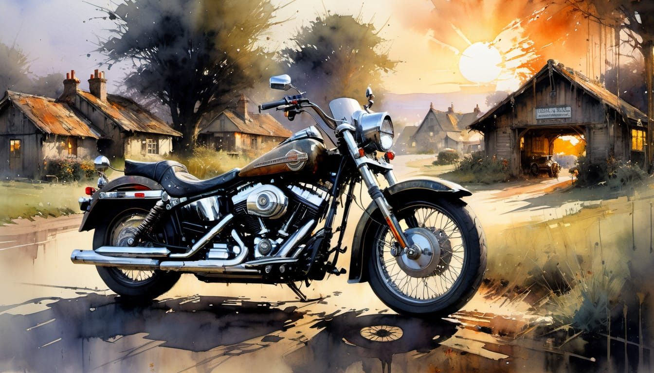 Watercolor of Vintage Harley-Davidson in English Countryside