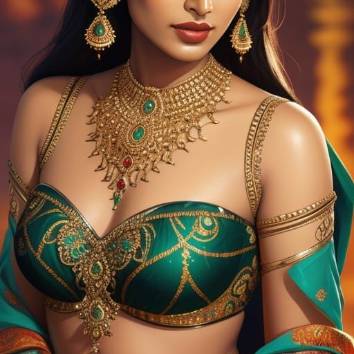 Glamorous Indian Woman in Bollywood Style Oil Painting