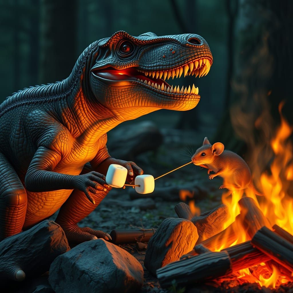 T-Rex and Mouse Campfire Scene in Hyperrealistic Style