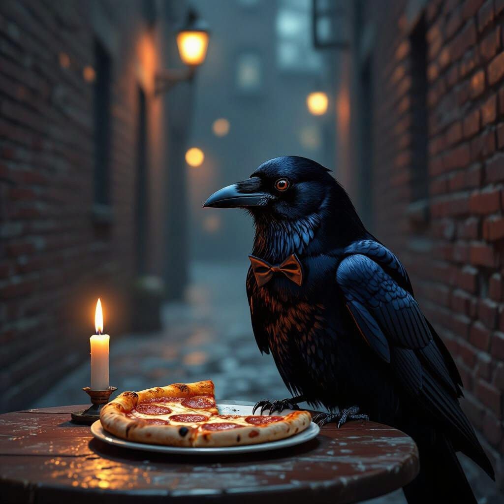 Noir Crow Enjoys Pizza Date in Moody Alley