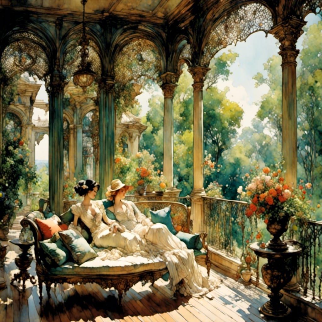 Southern Gothic Veranda Scene in Watercolor Style