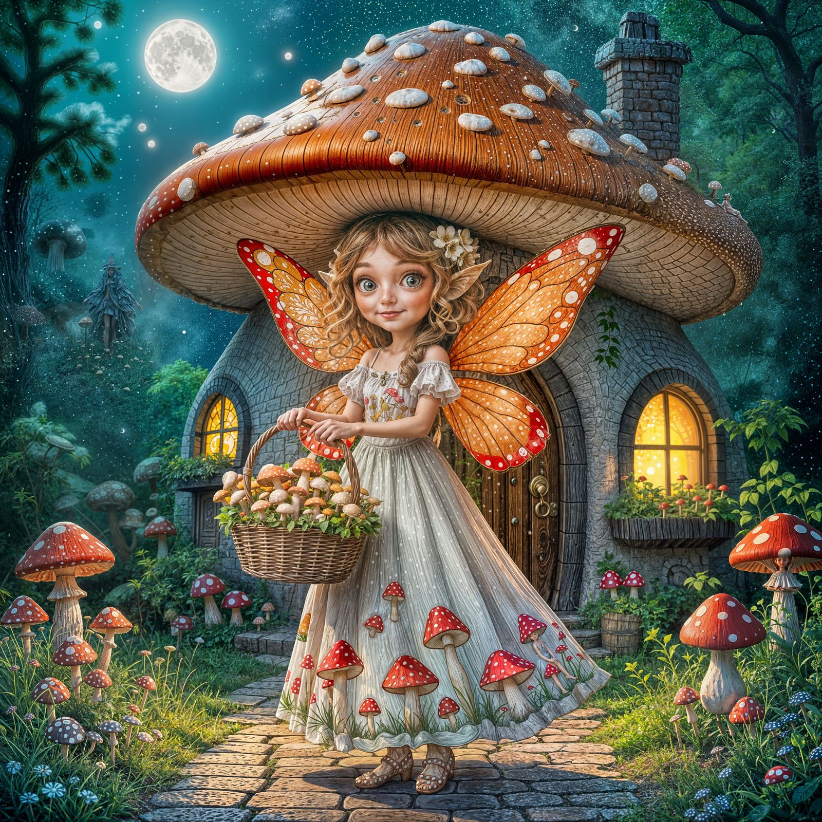 Mushroom Fairy with Polka Dot Wings in Magical Forest