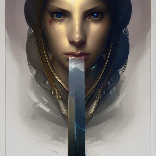 Blind Woman with Sword: Artgerm and Mucha Style