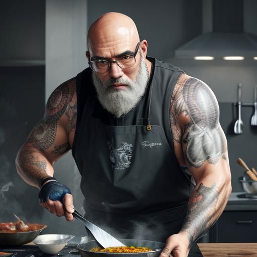 Hyperrealistic Cook Preparing Fish in Kitchen